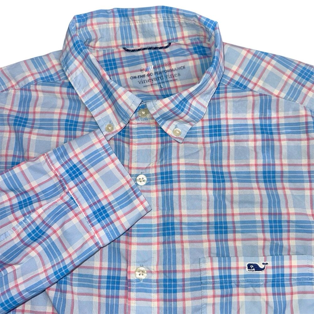 Vineyard Vines Mens On-The-Go Performance Gingham Short Sleeve Shirt Blue Sz L